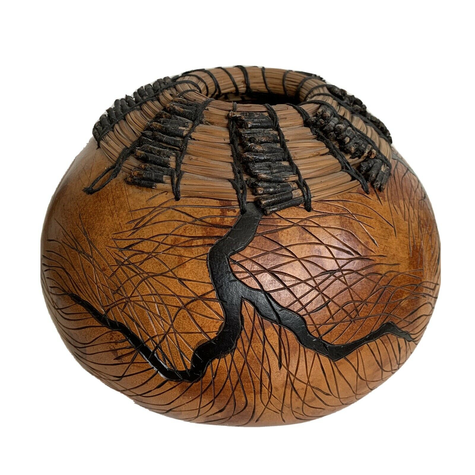 Primitive Don Weeke Painted Incised Gourd Basket Bowl Studio Art Signed 1988