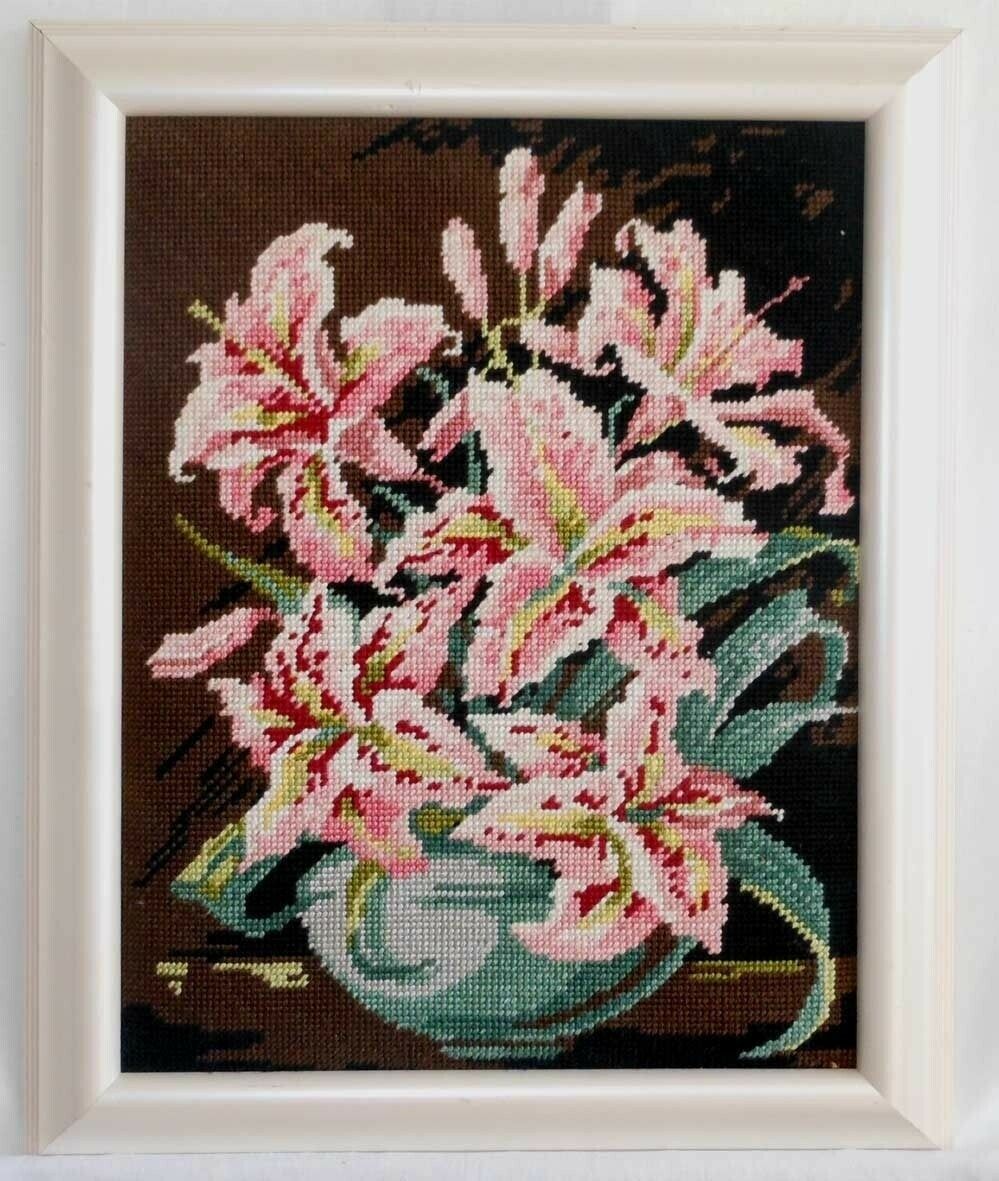 Vintage Needlepoint Pink Tropical Hibiscus Flowers Modernist Still Life Framed